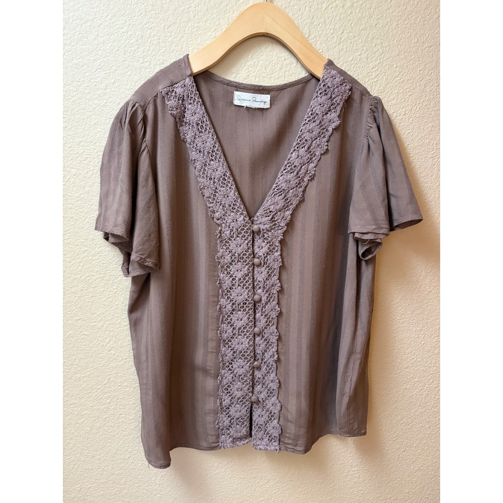 French Laundry Mauve Crochet Lace V-Neck Button Down Flutter Sleeve Blouse XL